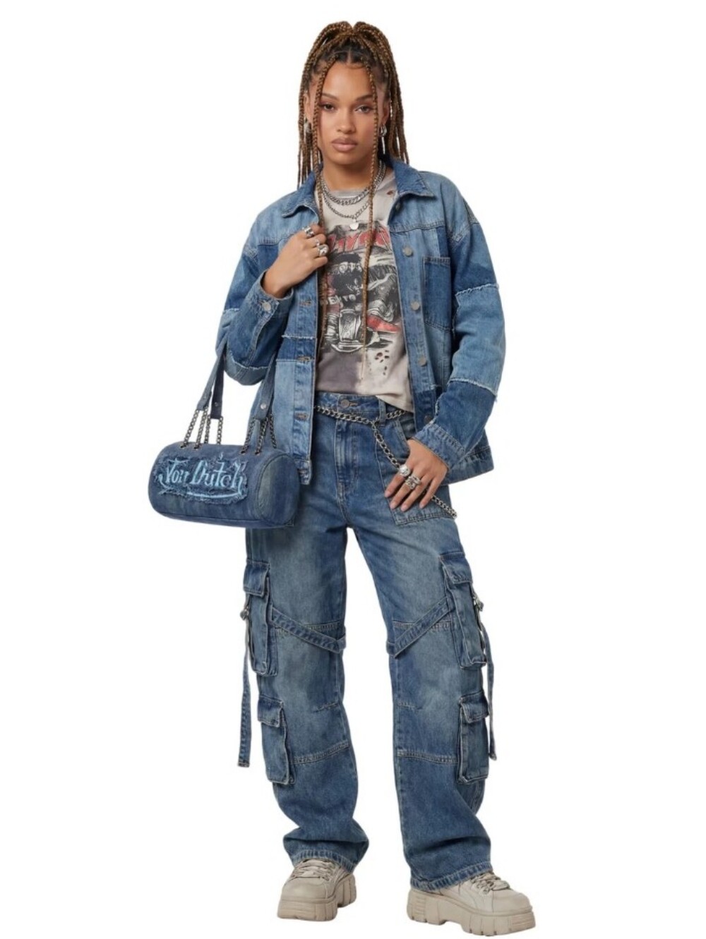 Von Dutch Distressed Denim Barrel Shoulder Bag - Picture 15 of 15